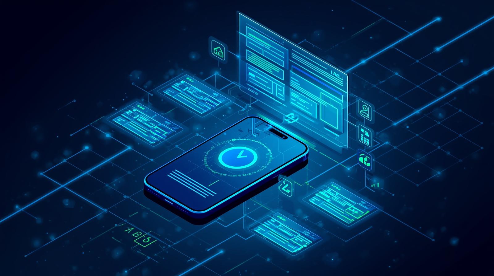 Futuristic digital illustration of a website interface showing mobile optimization, site architecture, and security icons representing technical SEO best practices in 2025.