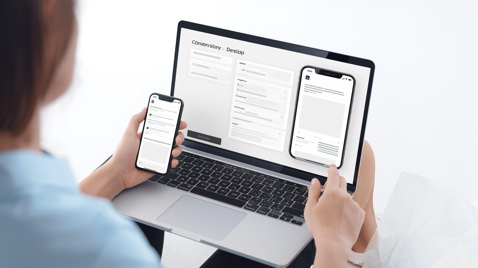 3D illustration of a person interacting with a laptop and smartphone, displaying a clean, minimal user interface with clear visual hierarchy, blank buttons, simple navigation, and well-spaced content blocks, representing effective UI principles and improved conversions