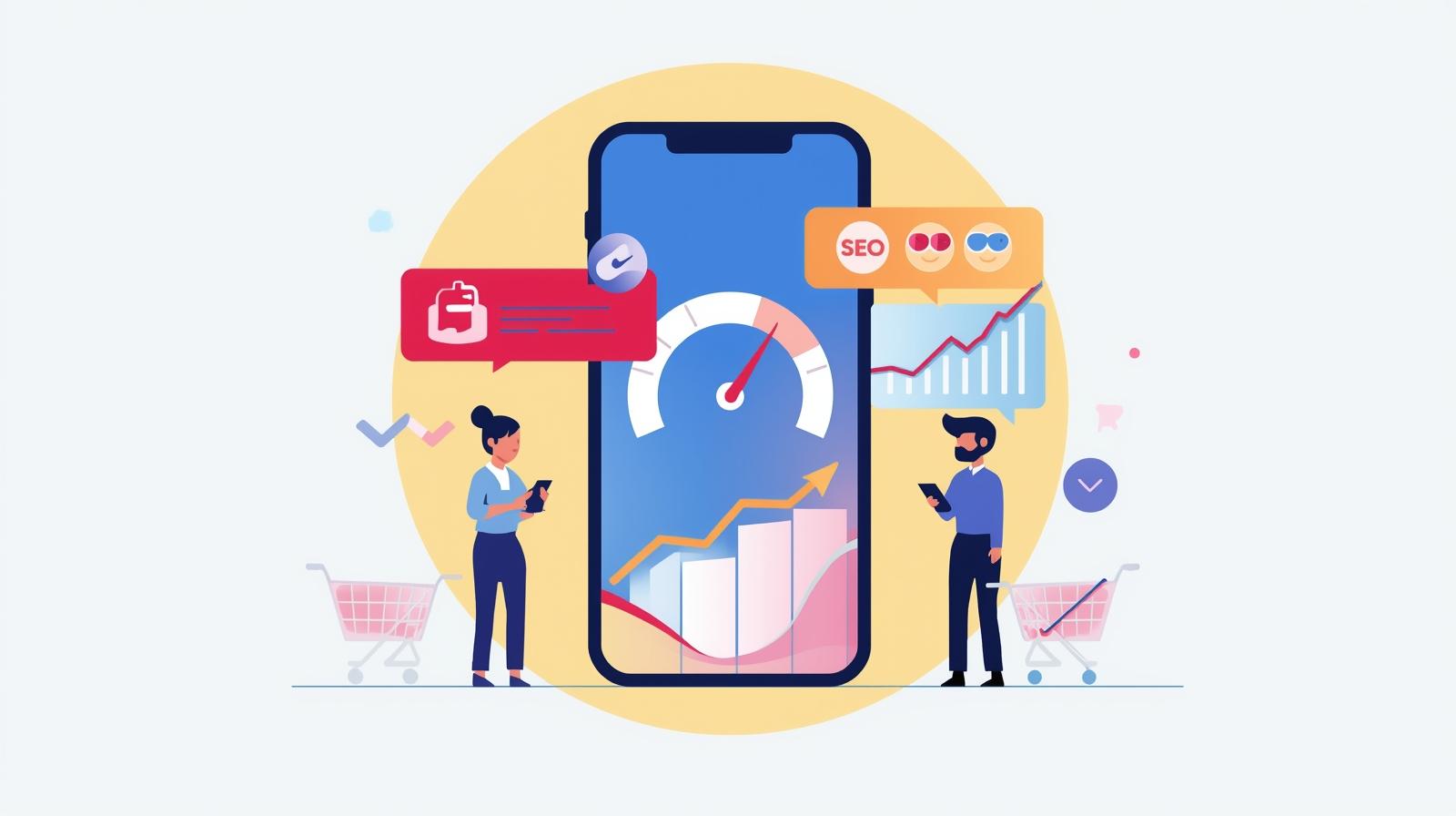 Illustration of a smartphone with fast-loading speed indicators, SEO ranking arrows, and shoppers using mobile devices to show the impact of mobile site speed on conversions.