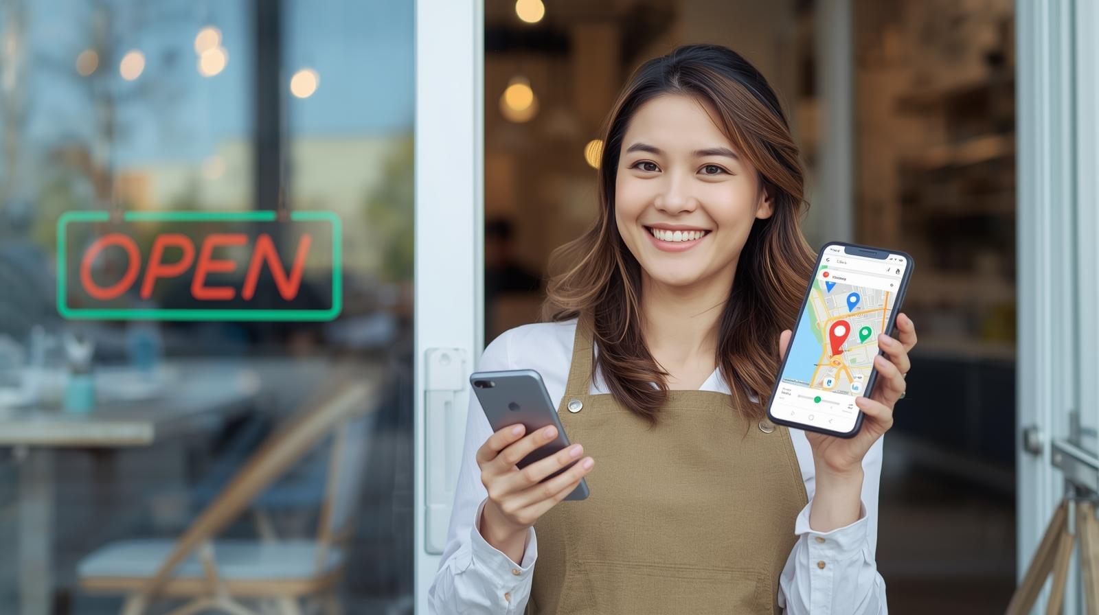 A smiling small business owner stands outside their shop holding a smartphone with a map and location pins, representing how local SEO helps small businesses attract nearby customers and compete with larger brands.