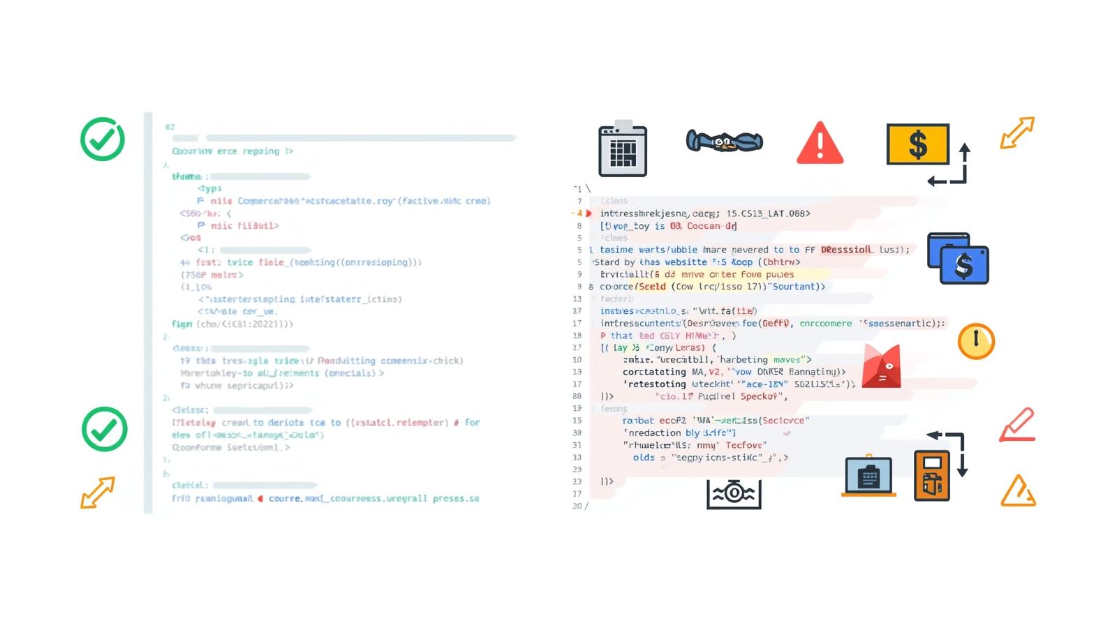 Side-by-side comparison concept: one side shows clean, well-structured website code with green check marks, neat HTML tags, and fast-loading website icons; the other side shows messy, bloated code with red error symbols, slow website loading icons, and broken page visuals. Professional, flat-lay tech style, minimal background, stock photo look suitable for business blogs