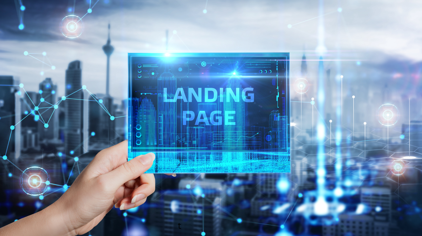 Businessman presses button landing page on virtual screens. technology, internet and network concept.