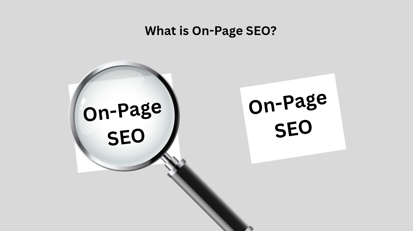 On-page SEI lettering on two square shapes with a magnifying glass on one of the shapes