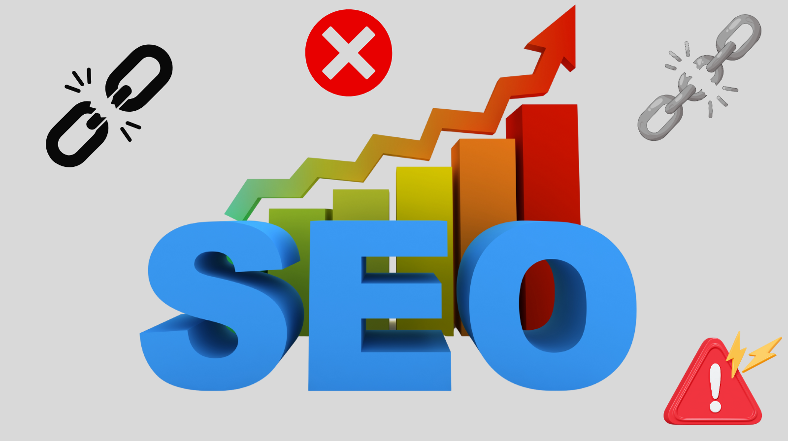 SEO symbol with broken links and red danger signs representing common SEO mistakes