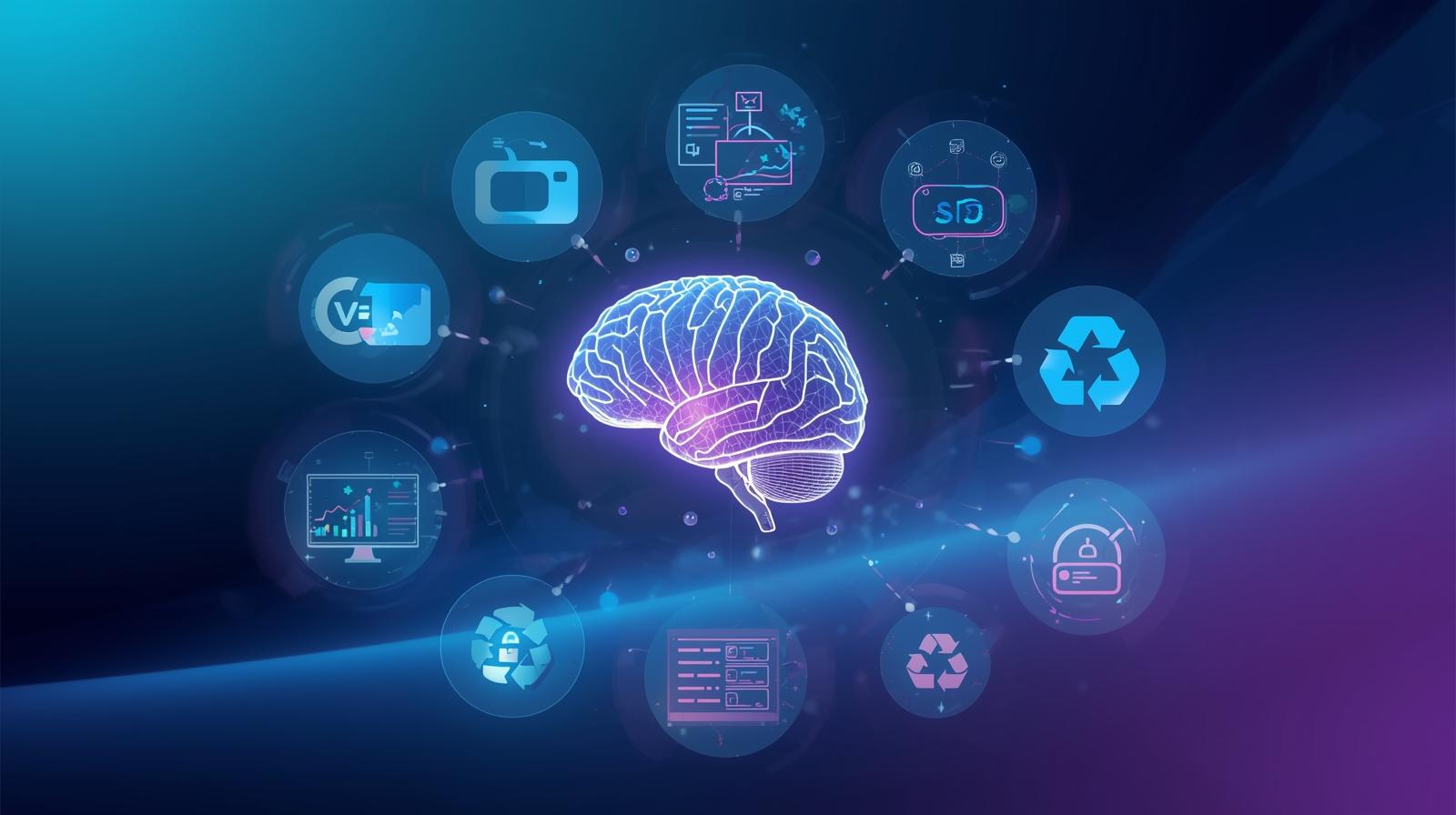 Futuristic illustration showing the future trends of AI in digital marketing with 3D gradient concept art, featuring AI brain, AR/VR icons, SEO analytics, and eco-friendly technology symbols.