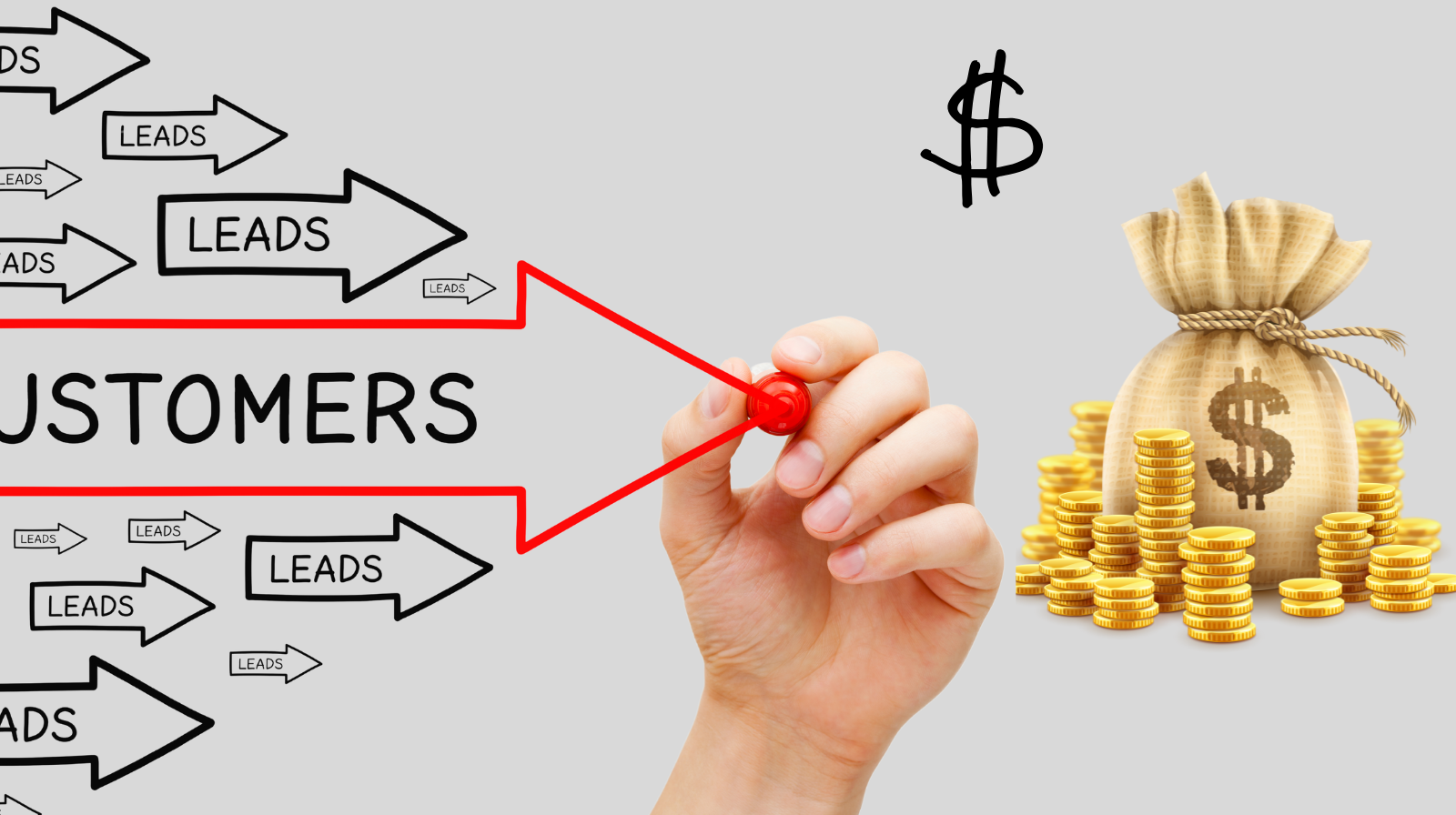 Leads customers conversion arrow concept and dollars money bag